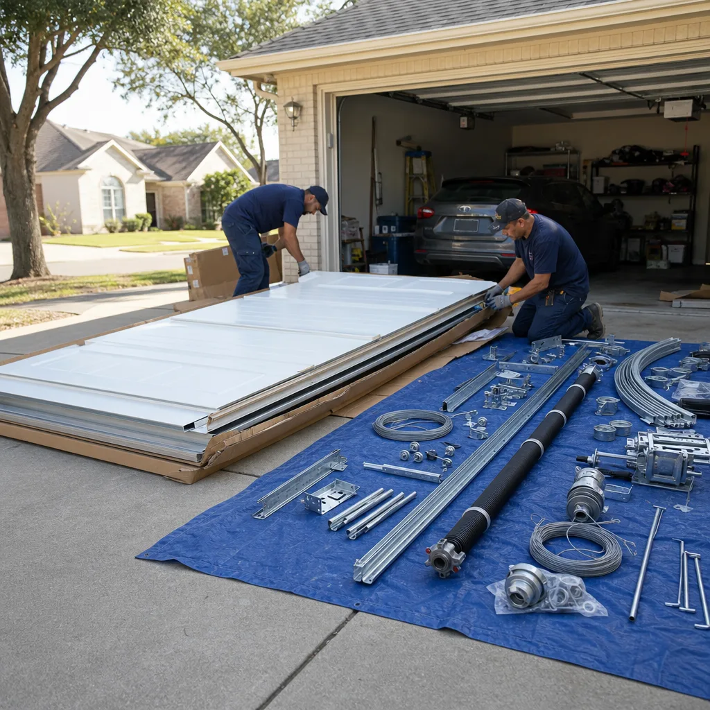 Professional technicians performing a residential garage door installation
