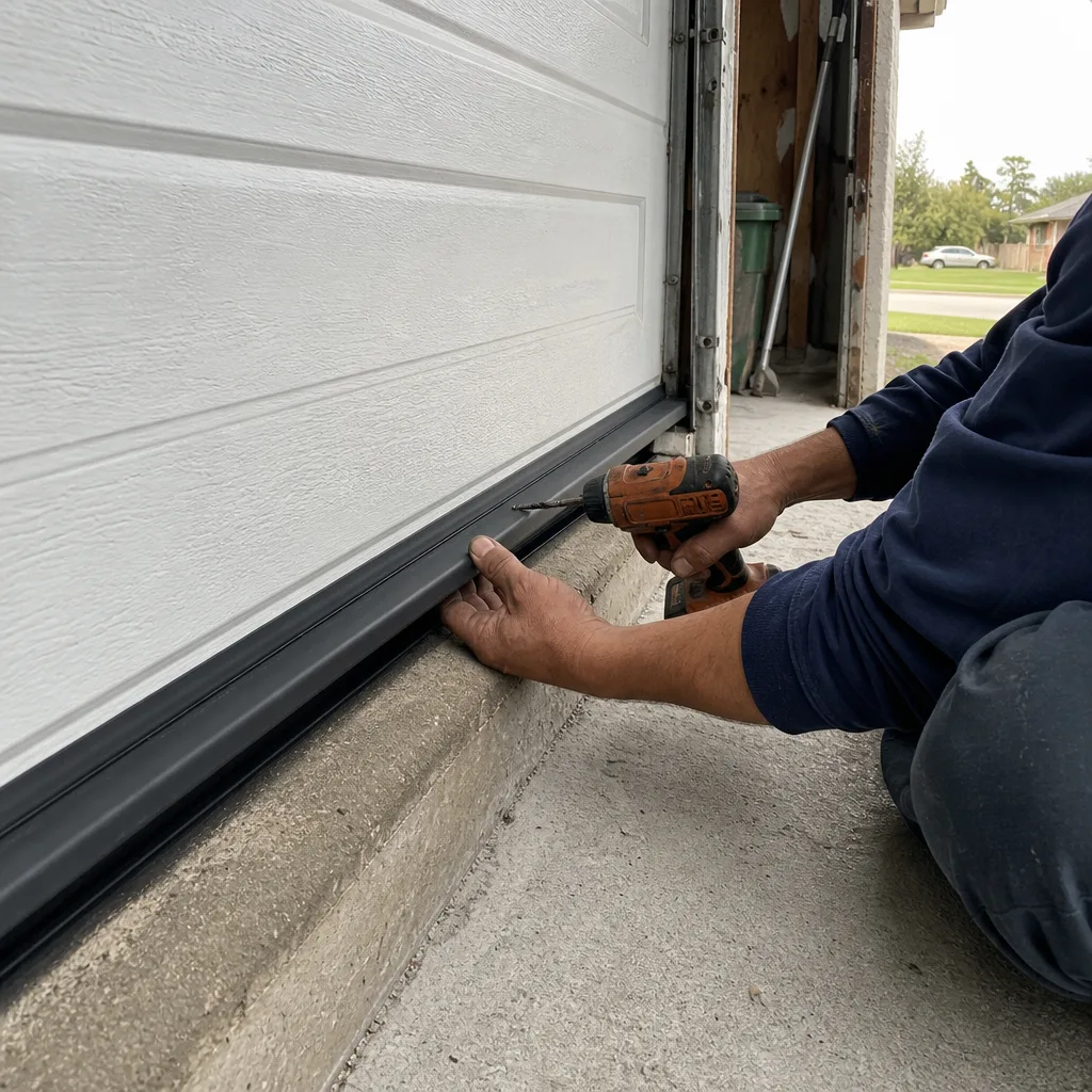 Technician installing rubber bottom weather seal on a residential garage door