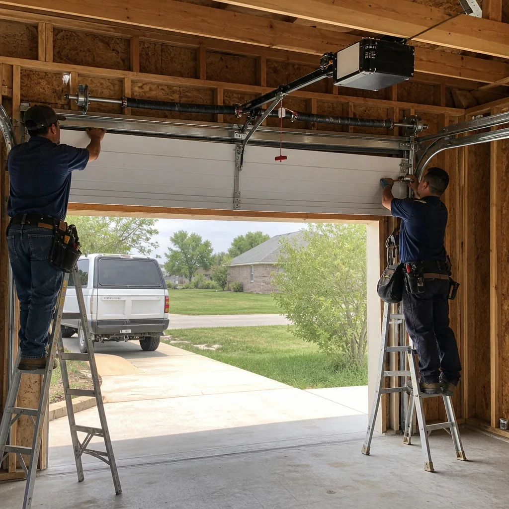 Two professional technicians installing a new garage door.
