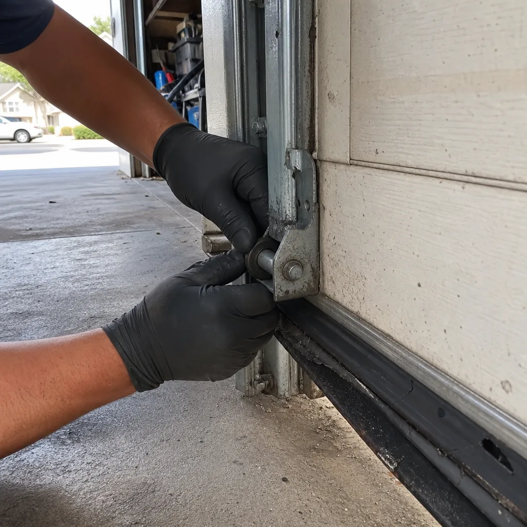 Technician performing garage door maintenance and roller repair