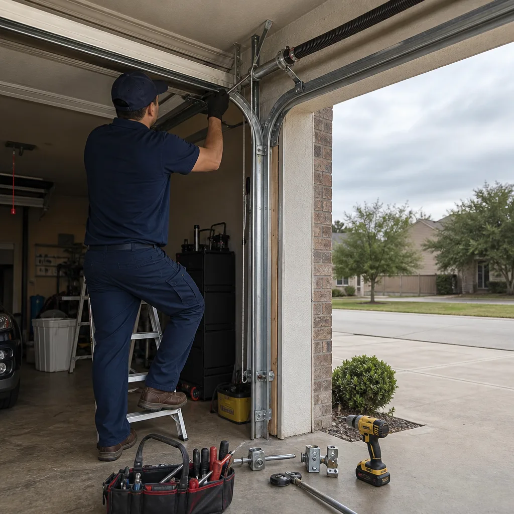 Technician performing professional garage door opener maintenance and repair services