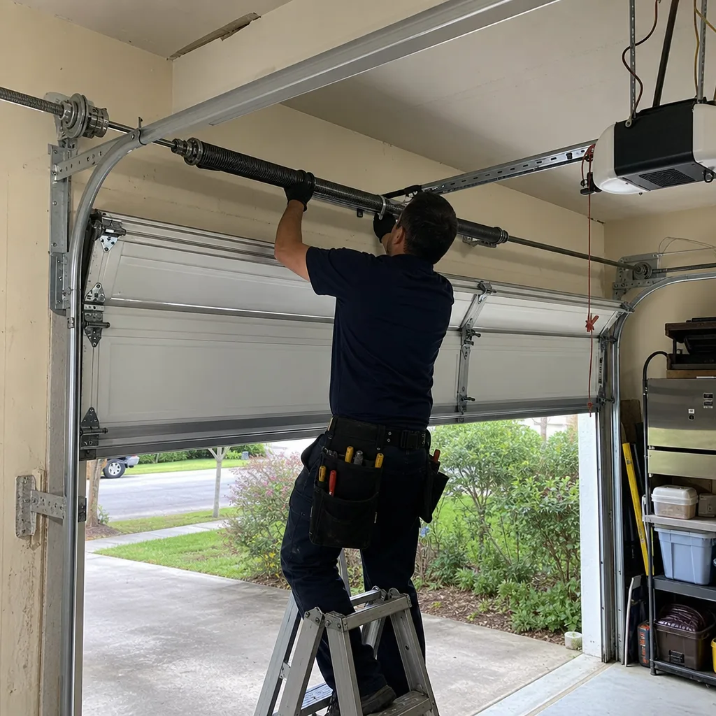 Technician performing professional garage door spring repair and maintenance