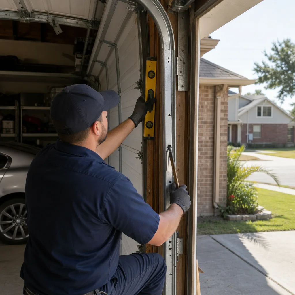Technician using a level to repair a garage door track.