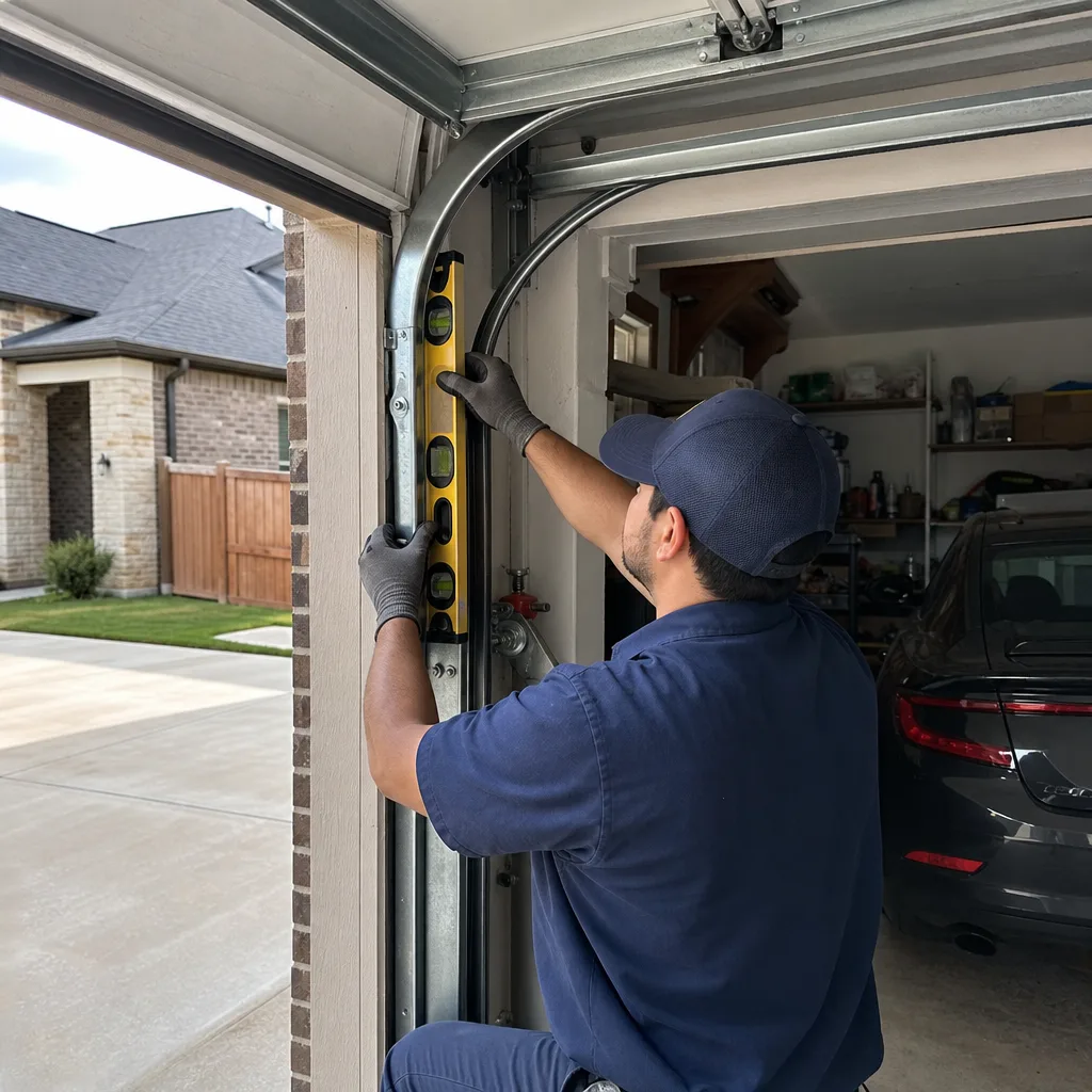 Technician using a level to repair a residential garage door track
