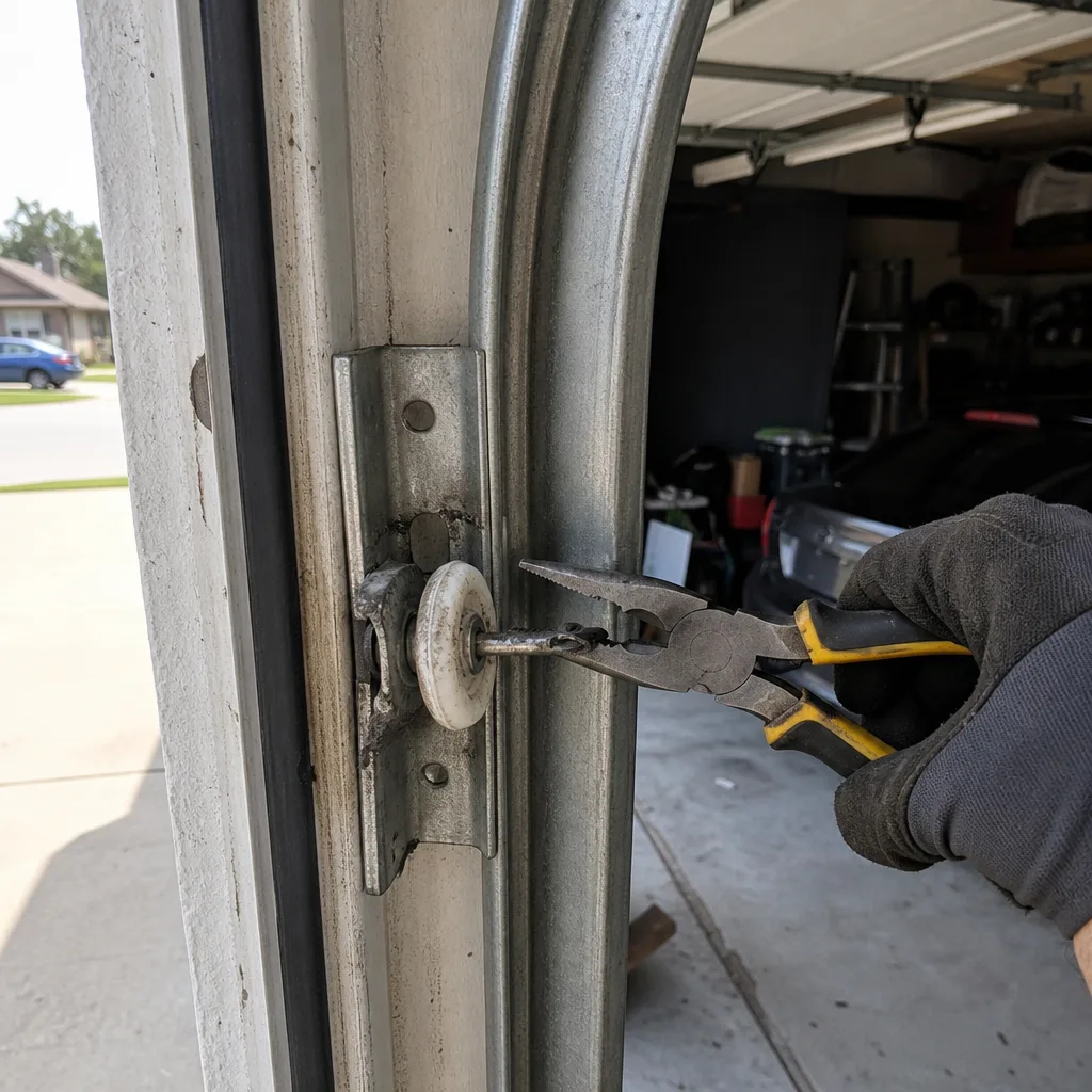 Professional repairing a garage door roller in the track